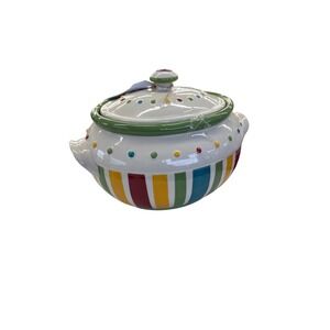 Celebrating Home Collection Covered Bean Pot Bright Stripes Polka Dots